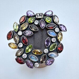 VTG Solid Sterling Silver 925 Multi-Gemstone Circle Brooch Size 1.25" Length